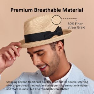 Joywant Men's Straw Fedora Sun Hats with Snap Brim UPF 50+ Protection Brim, Beach Panama Hat for Men (Large, Beige)