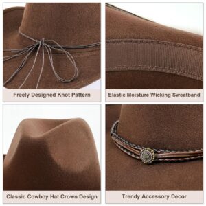 DOCILA Brown Cowboy Hat Men Women with Removable Pu Leather Rhinestone Hat Strap & Wrap Bracelet Set Western Cowgirl Hats Felt Rodeo Outfits Accessories