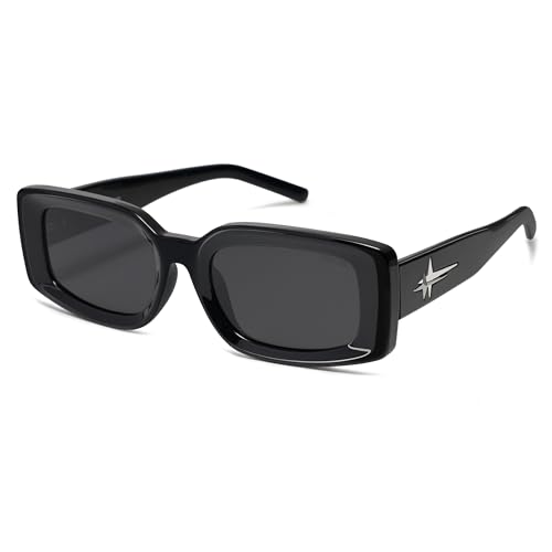 SOJOS Classic Trendy Rectangle Polarized Sunglasses Thick Frame with Star Decorations SJ2285, Black/Grey