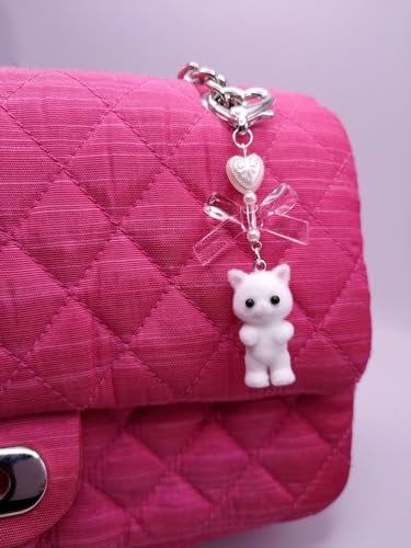 Agromusk Cute Cat Keychain,Fuzzy Kitty Cat Decor Gifts for Cat Lovers Girlfriend Y2K Heart Bow Ornament Pendent Women Girls Kawaii Cat Charms for Bags Backpack Wallet