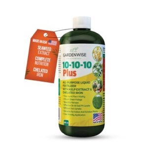 gardenwise 10-10-10 fertilizer for all purpose plants - liquid fertilizer with seaweed kelp & iron - plant food outdoor & indoor plant food, vegetables, flowers, lawn & garden 10 10 10 fertilizer 8oz