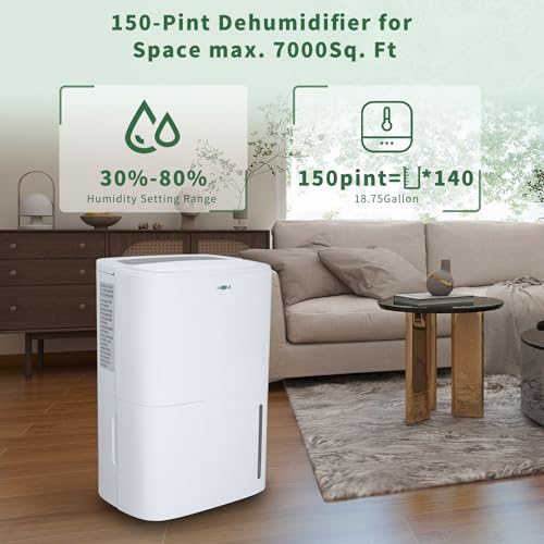 Uhome 150 Pints Dehumidifier with Pump - 7000 Sq. Ft Quiet Dehumidifier for Home, Basements, Storages and Large Rooms with 1.85Gallon Water Tank & Drain Hose, Auto Defrost, Self-Drying