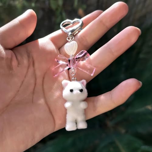 Agromusk Cute Cat Keychain,Fuzzy Kitty Cat Decor Gifts for Cat Lovers Girlfriend Y2K Heart Bow Ornament Pendent Women Girls Kawaii Cat Charms for Bags Backpack Wallet