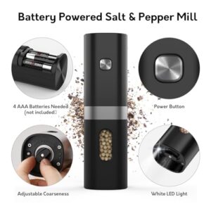 Syaws Electric Pepper and Salt Grinder 1 Pack,Battery Powered Pepper Grinders,Automatic Pepper Mill with LED Light,Adjustable Coarseness One-Hand Operation(Single Black-Battery Operated)