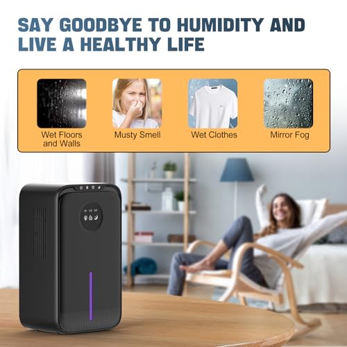 SAMSICHI Dehumidifier, 85 OZ Dehumidifiers for Room for Home, (800 sq. ft.) Quiet Dehumidifiers for Bathroom, Bedroom, Closet, RV, 7 Colors LED Auto Shut Off Dehumidifier with Drain Hose