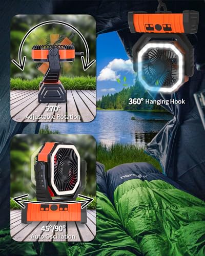 ADUST Camping Fan Battery Operated Powered Fan with LED Lantern Light 20000mAh Rechargeable Portable Fan, Oscillating Fan with 360° Rotation Hanging Hook for Tents, Cordless USB Desk Fan(Orange)