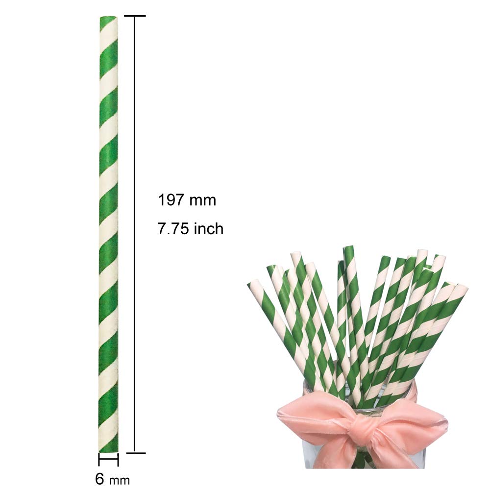 Forest Green Striped Paper Straws, [100 Pack] Premium Disposable Green And White Striped Paper Drinking Straws for Christmas Spring Party Supply