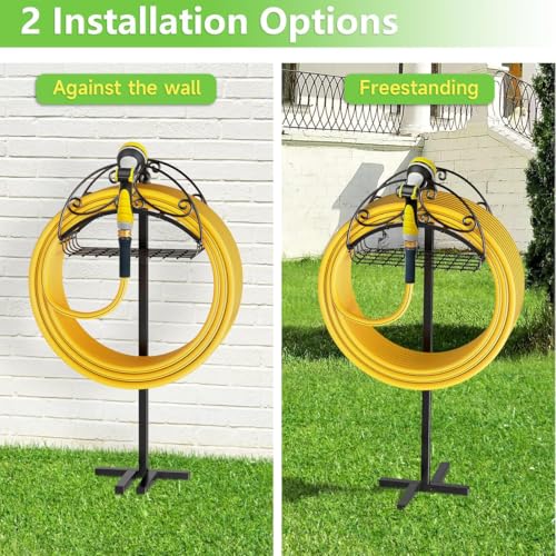 Helhom Garden Hose Holder Freestanding, Water Hose Holders with Storage Basket Detachable Garden Hose Stand Heavy Duty for Outside Lawn Yard