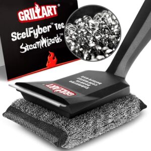 grillart grill brush bristle free, steamwizards [ultra safe & efficient] grill cleaner brush with 1 replacement head, for cast iron and stainless steel grates, bbq grill brush for outdoor grill