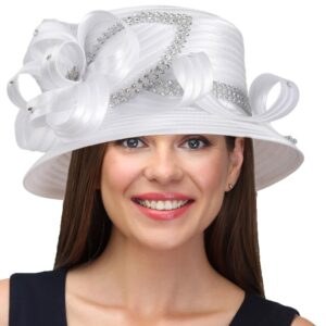 PGTEN Women's Satin Dress Church Hats with Rhinestones White