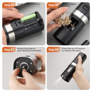 Syaws Electric Pepper and Salt Grinder 1 Pack,Battery Powered Pepper Grinders,Automatic Pepper Mill with LED Light,Adjustable Coarseness One-Hand Operation(Single Black-Battery Operated)