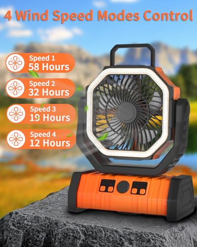 ADUST Camping Fan Battery Operated Powered Fan with LED Lantern Light 20000mAh Rechargeable Portable Fan, Oscillating Fan with 360° Rotation Hanging Hook for Tents, Cordless USB Desk Fan(Orange)