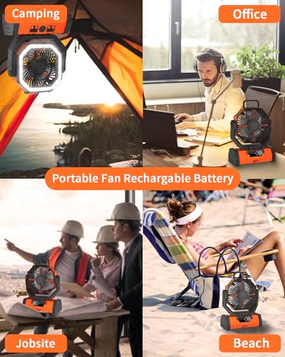 ADUST Camping Fan Battery Operated Powered Fan with LED Lantern Light 20000mAh Rechargeable Portable Fan, Oscillating Fan with 360° Rotation Hanging Hook for Tents, Cordless USB Desk Fan(Orange)