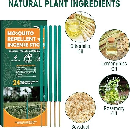 Mosquito Repellent Incense Sticks Outdoor Patio, 24pcs Citronella Incense Sticks, Deet Free Natural Organic Mosquito Barrier Mosquito Repellent Killer for Patio, Camping, Fishing