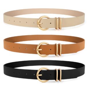 VONMELLI 3 Pack Women's Leather Belts for Jeans Dresses Ladies Waist Belt with Fashion Gold Buckle Black Beige Brown S