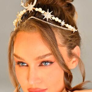 Catery Star Moon Crown Headband Gold Halo Crown Goddess Tiara Headpiece Pearl Boho Wedding Headpiece Bridal Hair Accessories for Women and Girls