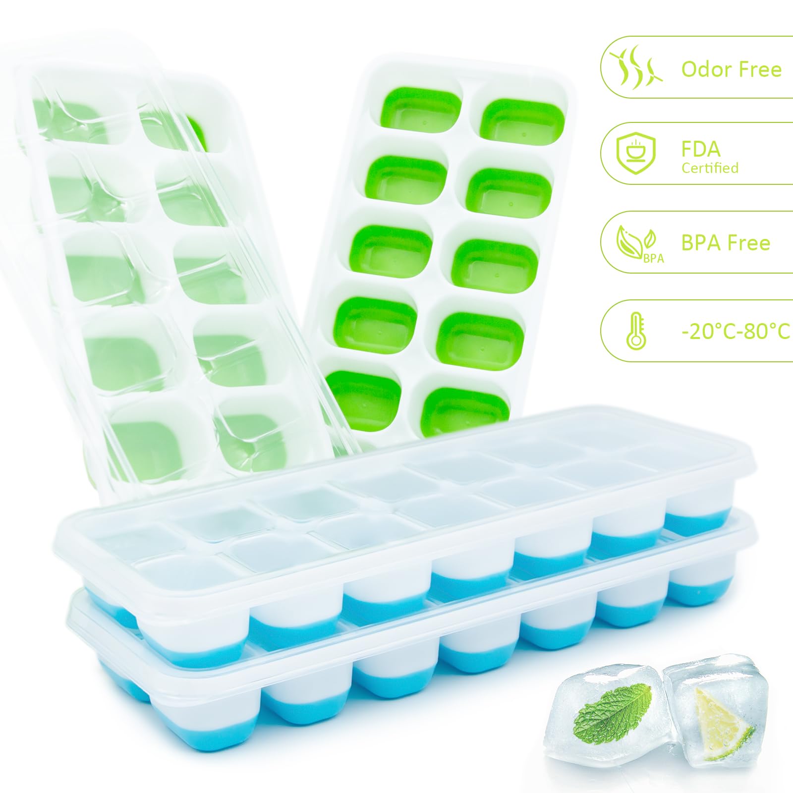 LEUCATH Ice Cube Trays 4 Pack, 56 pcs Ice Cube with Leak-Resistant Removable Lid, BPA Free, for Freezer, Stackable Ice Trays with Covers for Cocktail, Whiskey, Coffee, Fruit Drinks, Baby Food