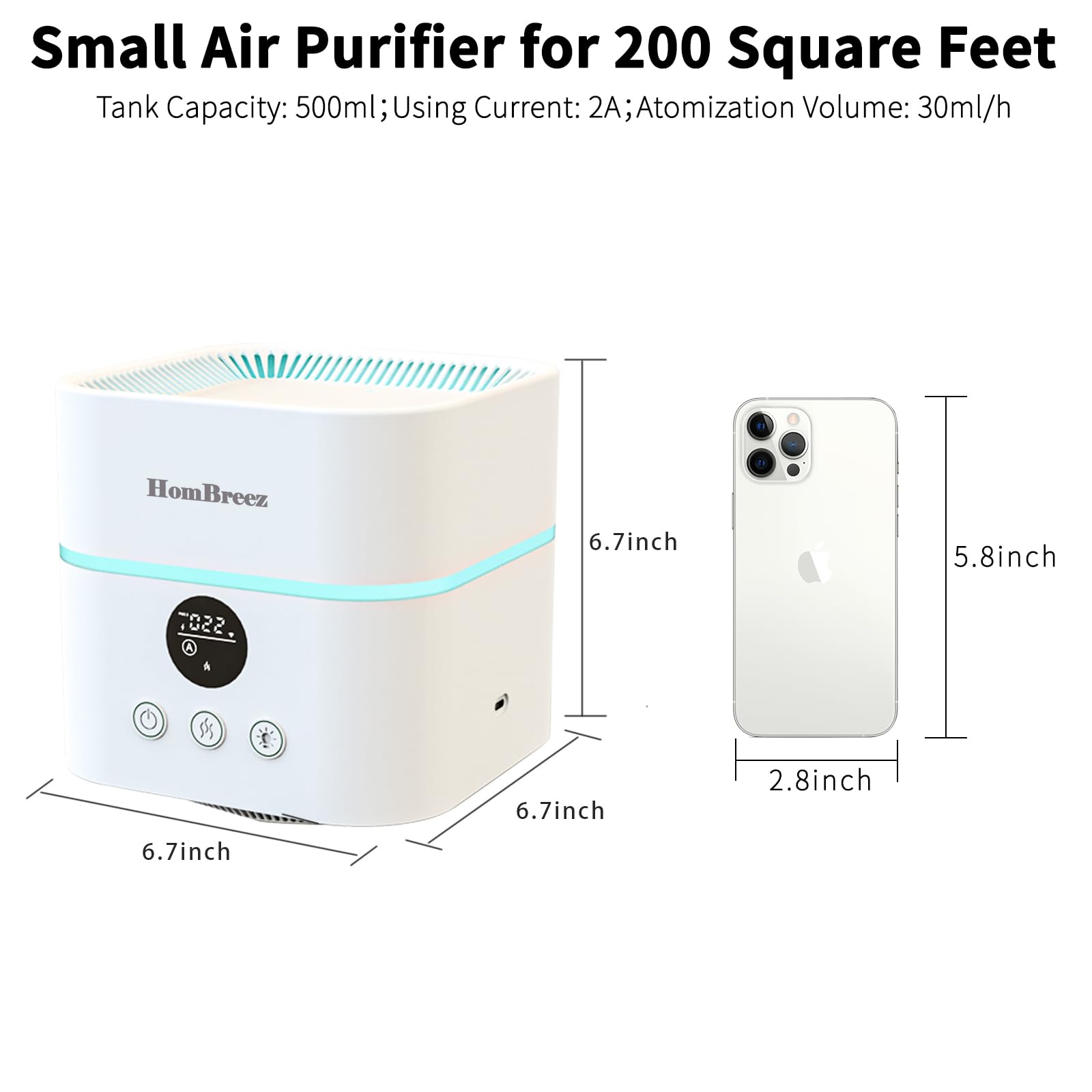 HomBreez Smart Wi-Fi Air Purifier and Humidifier Combo, Desk Air Purifier for Dorm, Home, Office, Air Purifiers & Humidifier & Aromatherapy Diffuser, Suitable for Bedroom,White(WG-03-S)