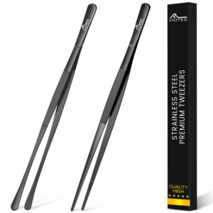 hotec kitchen tweezers stainless steel fine kitchen tongs for cooking, 12-inch extra-long cooking tweezers food tongs set of 2, black