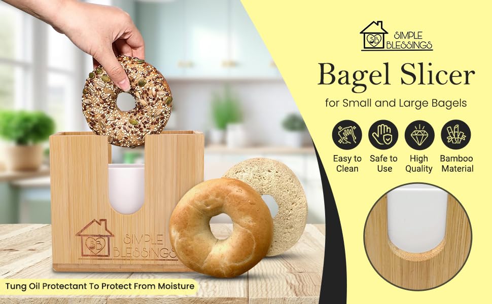 Bagel Slicer for Small and Large Bagels - Bamboo Bread Slicer w/Two Plastic Inserts & Non-Slip Silicone Pad - Adjustable Bagel Cutter Slicer - Moisture Resistant & Thick Base Bagel Holder for Slicing