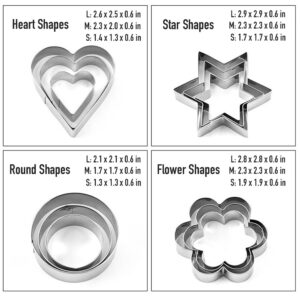 Mikim Mini Cookie Cutters Heart Round Flower Star, 12Pcs Cookie Cutters Shapes Set Stainless Steel Fruit Veggie Cutter, Small Metal Biscuit Cutter Molds for Baking