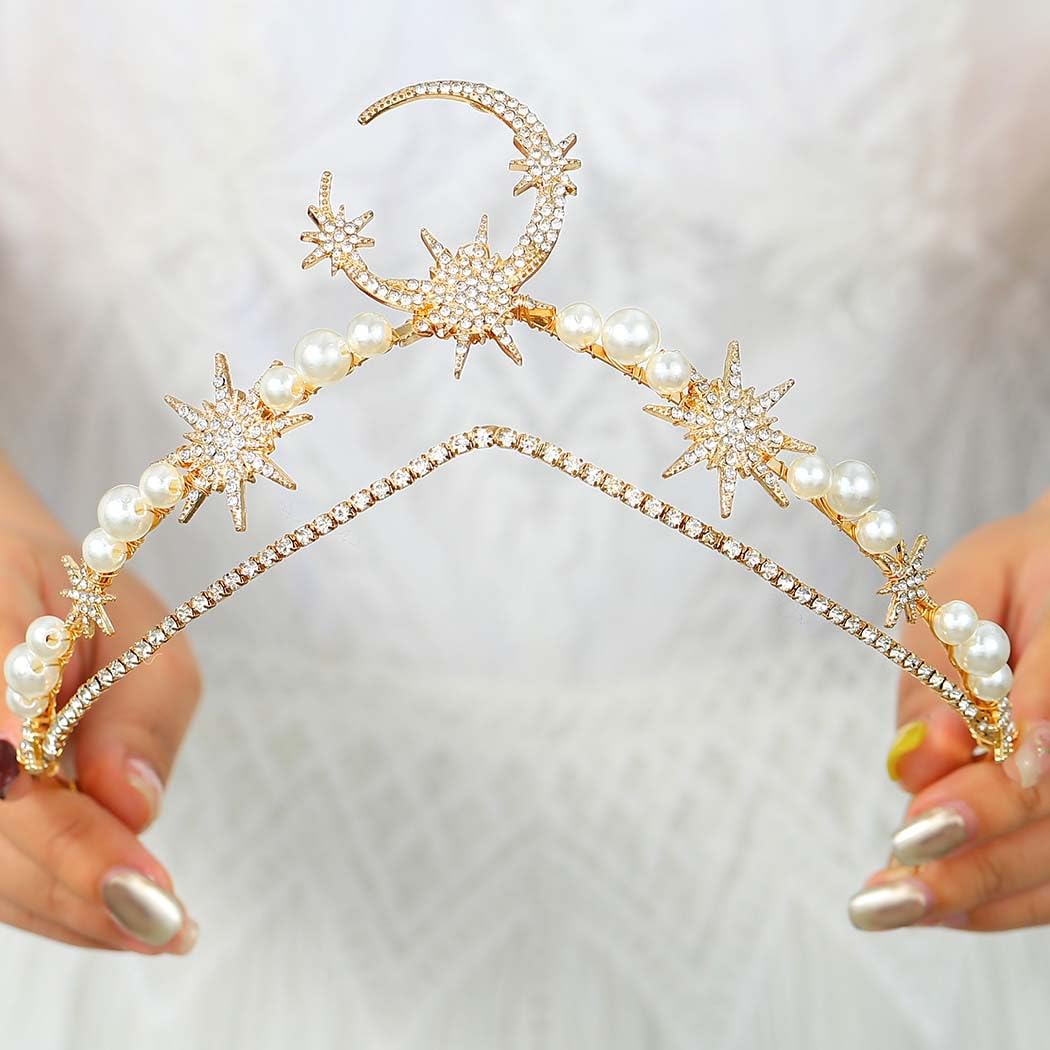 Catery Star Moon Crown Headband Gold Halo Crown Goddess Tiara Headpiece Pearl Boho Wedding Headpiece Bridal Hair Accessories for Women and Girls