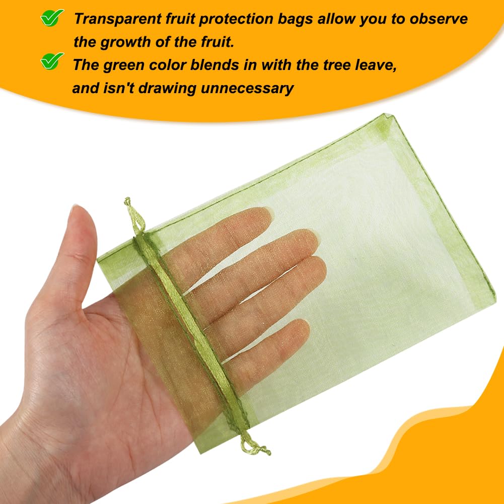 Shintop 100Pcs Fruit Protection Bags, 4x6 Inch Green Fruit Netting Cover Drawstring Mesh Bags Pest Barrier for Strawberry Blueberry Small Fruit