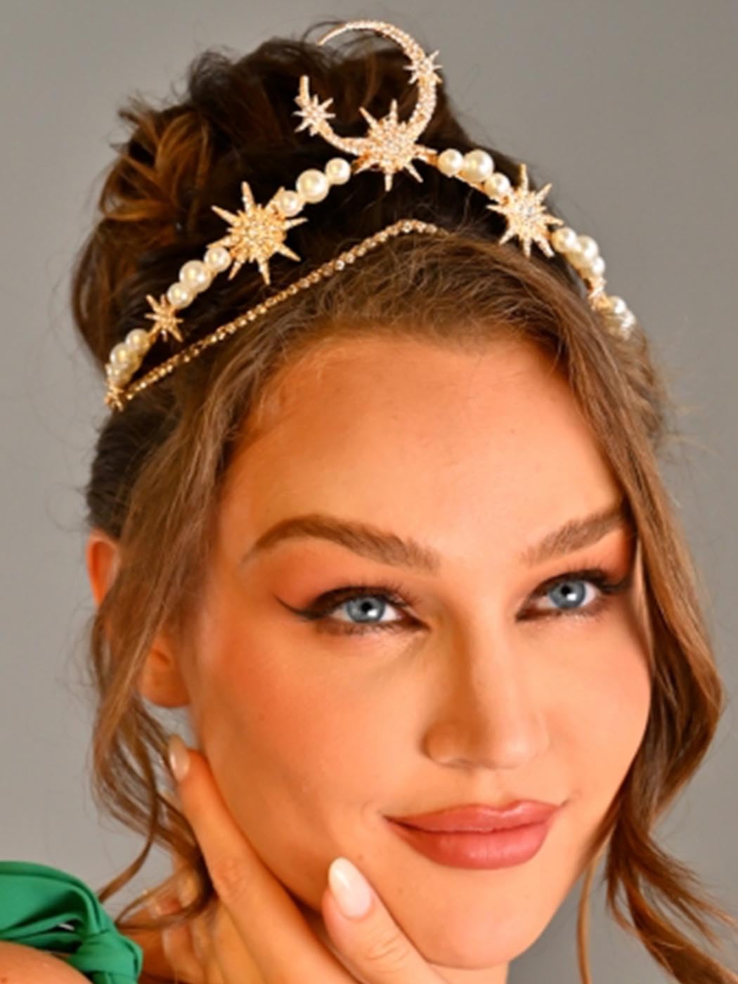 Catery Star Moon Crown Headband Gold Halo Crown Goddess Tiara Headpiece Pearl Boho Wedding Headpiece Bridal Hair Accessories for Women and Girls