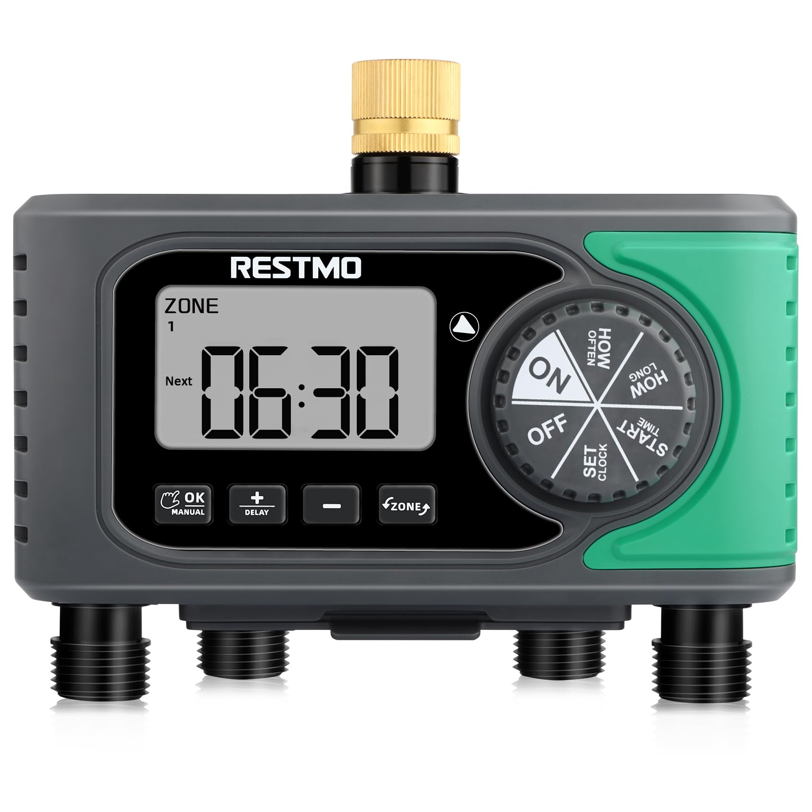 RESTMO 4-Outlet Sprinkler Timer with Brass Inlet, 4 Zone Programmable Water Timer for Garden Hose, Automatic Digital Control | Manual ON/Off | Rain Delay, for Outdoor Faucet, Drip Irrigation and Lawn