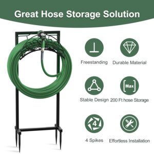 Garden Hose Holder for Outside, Upgraded Freestanding Water Hose Holder with 4 Spikes, Heavy Duty rustproof Metal Garden Hose Storage Stand for Outside, Black