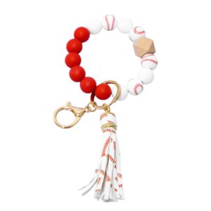 lmwkun baseball keychain bracelaet wristlet,white silicone beaded key ring for women,stretchy car key chain bangle with tassel