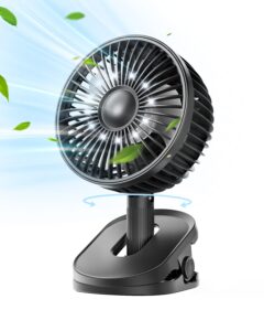 gaiatop clip on fan battery operated, 4000mah auto oscillating portable usb fan with light & hook, 4 speed personal mini desk fan rechargeable table fan for home office stroller black