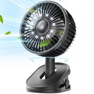 Gaiatop Clip on Fan Battery Operated, 4000mAh Auto Oscillating Portable USB Fan with Light & Hook, 4 Speed Personal Mini Desk Fan Rechargeable Table Fan for Home Office Stroller Black