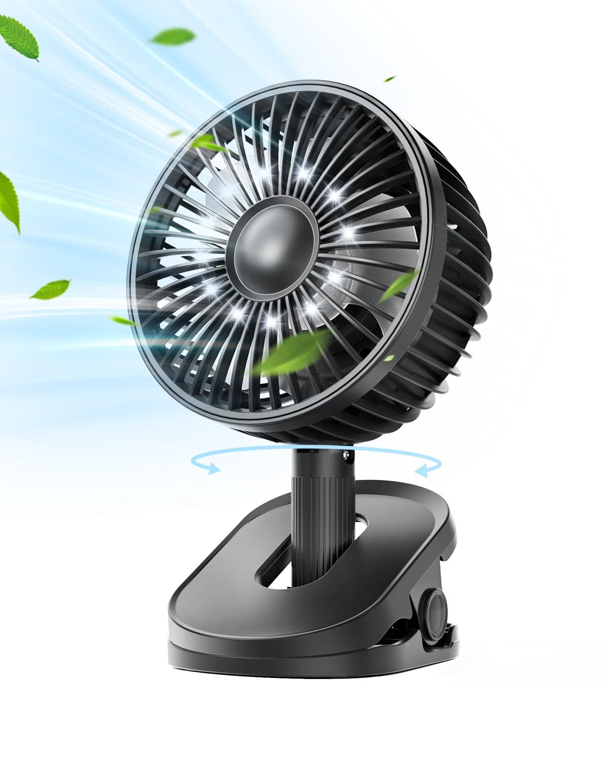 Gaiatop Clip on Fan Battery Operated, 4000mAh Auto Oscillating Portable USB Fan with Light & Hook, 4 Speed Personal Mini Desk Fan Rechargeable Table Fan for Home Office Stroller Black