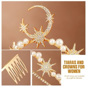 Catery Star Moon Crown Headband Gold Halo Crown Goddess Tiara Headpiece Pearl Boho Wedding Headpiece Bridal Hair Accessories for Women and Girls