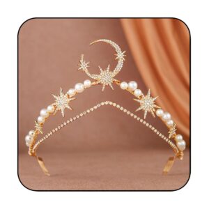 Catery Star Moon Crown Headband Gold Halo Crown Goddess Tiara Headpiece Pearl Boho Wedding Headpiece Bridal Hair Accessories for Women and Girls