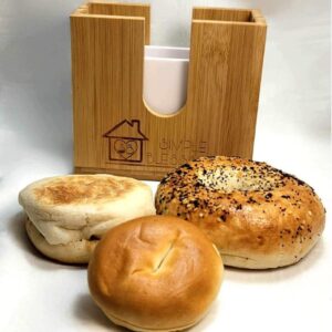 Bagel Slicer for Small and Large Bagels - Bamboo Bread Slicer w/Two Plastic Inserts & Non-Slip Silicone Pad - Adjustable Bagel Cutter Slicer - Moisture Resistant & Thick Base Bagel Holder for Slicing