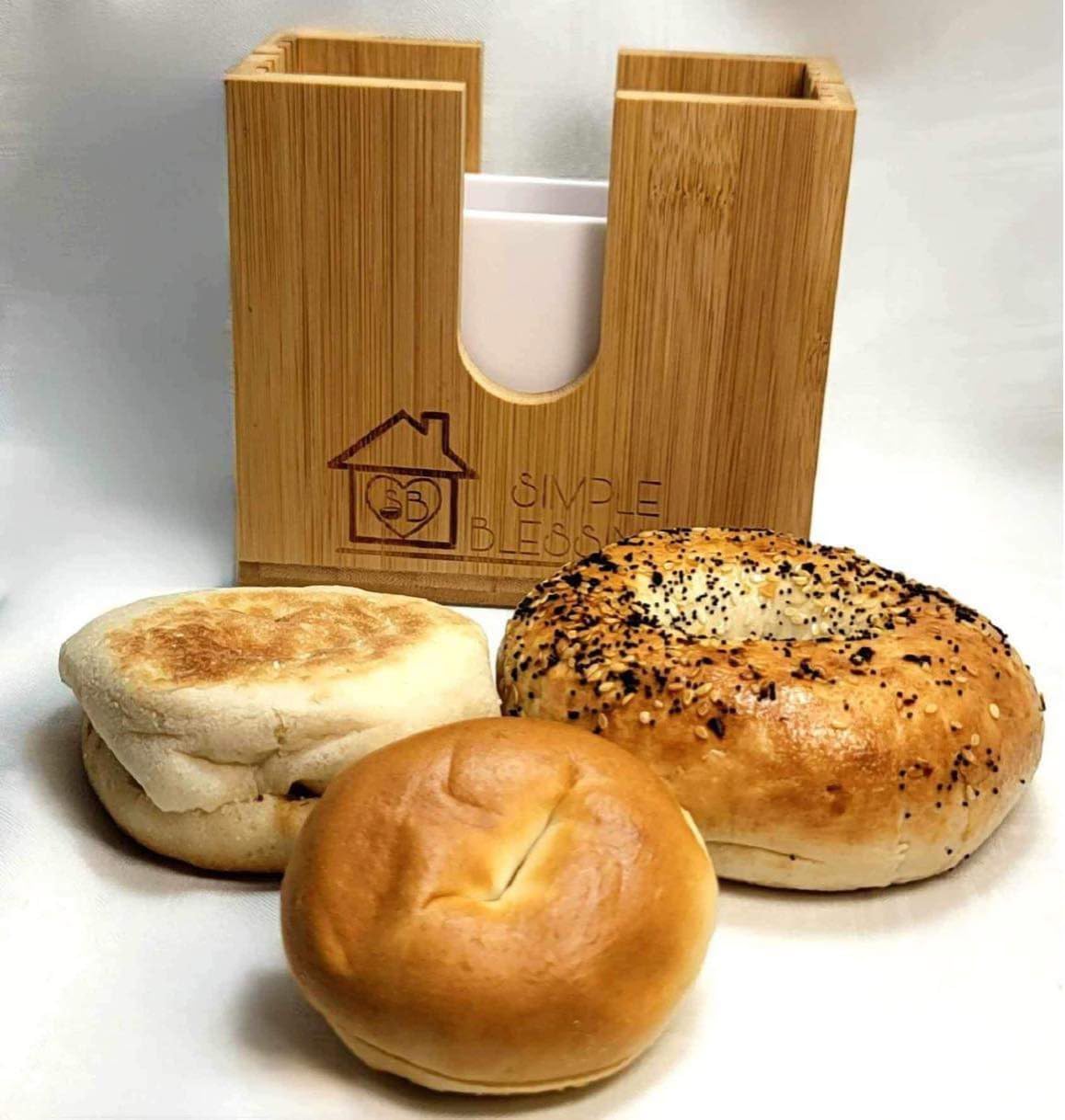 Bagel Slicer for Small and Large Bagels - Bamboo Bread Slicer w/Two Plastic Inserts & Non-Slip Silicone Pad - Adjustable Bagel Cutter Slicer - Moisture Resistant & Thick Base Bagel Holder for Slicing