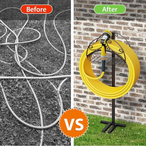 Helhom Garden Hose Holder Freestanding, Water Hose Holders with Storage Basket Detachable Garden Hose Stand Heavy Duty for Outside Lawn Yard