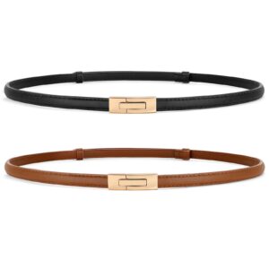 SUOSDEY 2 Pack Women's Leather Skinny Belts for Dress Adjustable Vintage Thin Waist Belt for Ladies,0.6" Width