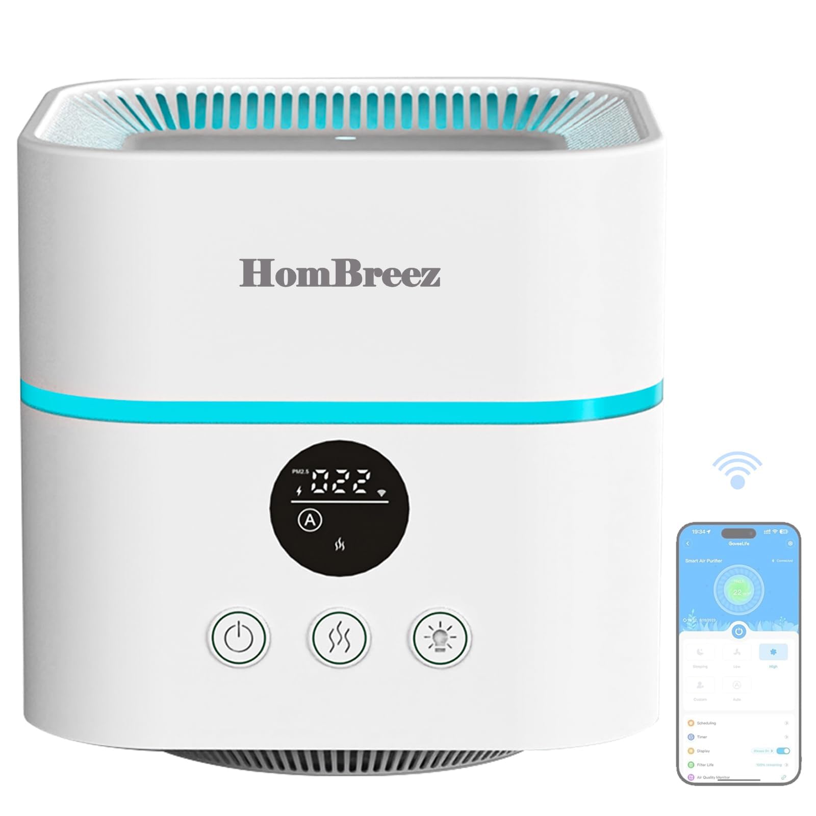 HomBreez Smart Wi-Fi Air Purifier and Humidifier Combo, Desk Air Purifier for Dorm, Home, Office, Air Purifiers & Humidifier & Aromatherapy Diffuser, Suitable for Bedroom,White(WG-03-S)