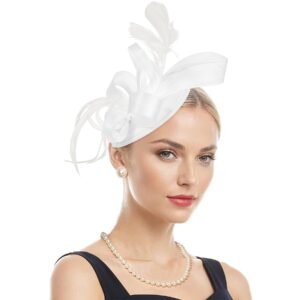 Zando Fascinators Hats for Women Tea Party Hat Ribbons Feathers Kentucky Derby Hats for Women 2024 Fascinator Headband Headpiece Cocktail 20s 50s Tea Hat Wedding Church Hair Clip White Fascinator