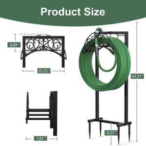 Garden Hose Holder for Outside, Upgraded Freestanding Water Hose Holder with 4 Spikes, Heavy Duty rustproof Metal Garden Hose Storage Stand for Outside, Black