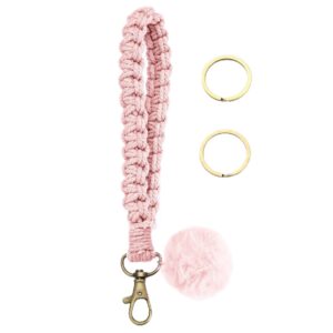 Gkeygo Wristlet Keychain Woven Wrist Lanyard for Keys, Key Chain with 2 Key Rings for Women Car Keys ID Badges - Pink