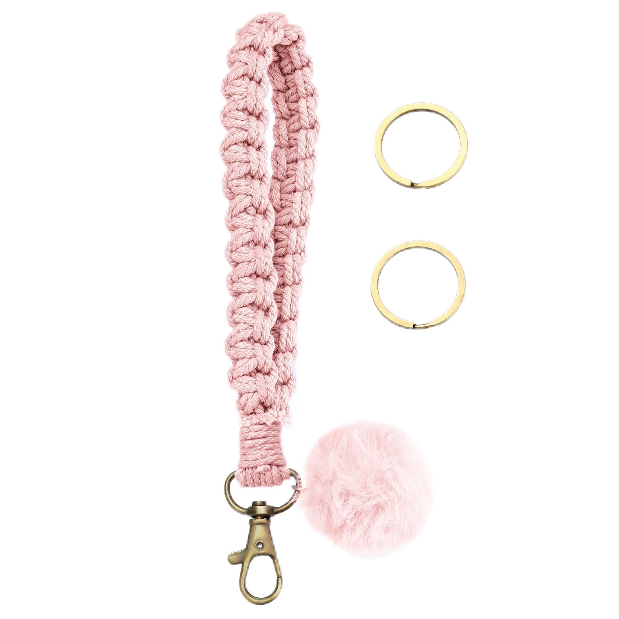 Gkeygo Wristlet Keychain Woven Wrist Lanyard for Keys, Key Chain with 2 Key Rings for Women Car Keys ID Badges - Pink