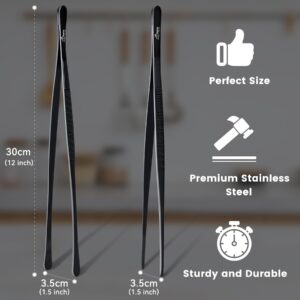 Hotec Kitchen Tweezers Stainless Steel Fine Kitchen Tongs for Cooking, 12-Inch Extra-Long Cooking Tweezers Food Tongs Set of 2, Black