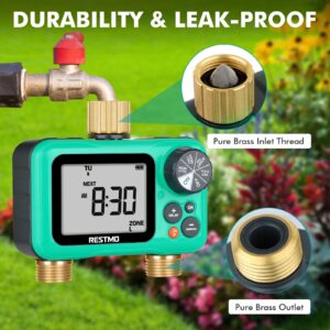 RESTMO Sprinkler Timer with Brass Inlet & Outlet, 2 Zone Programmable Water Timer for Garden Hose, 3 Separate Programs Hose Timer, Manual/Rain Delay/Automatic Watering for Drip Irrigation and Lawn