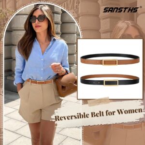 SANSTHS Skinny Reversible Belts for Women, Two-in-one Women Thin Belt for Dresses Jeans Pants with Gold Buckle, Black/Brown S