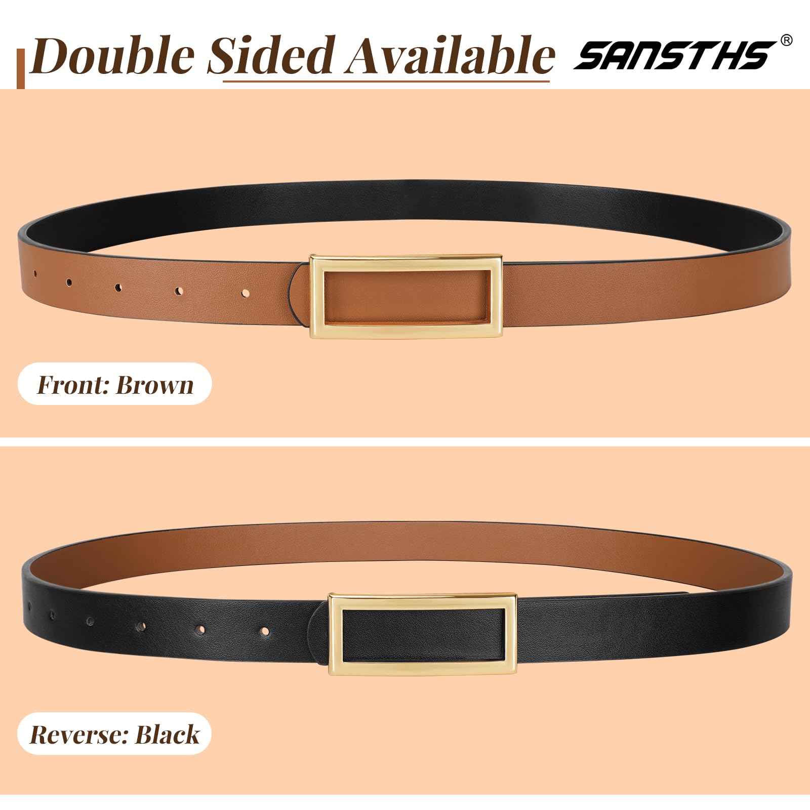 SANSTHS Skinny Reversible Belts for Women, Two-in-one Women Thin Belt for Dresses Jeans Pants with Gold Buckle, Black/Brown S