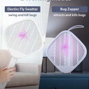 Electric Fly Swatter Racket Fly Zapper - Powerful 4000V Mosquito Zapper Racket & Night Bug Zapper 2 Modes, Foldable Hanging Standing Handheld Rechargeable Fly Killer, 3-Layer Safe for Humans Pets